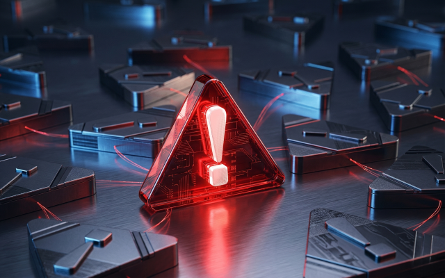 Segnale di pericolo triangolare rosso luminoso con punto esclamativo circondato da elementi tecnologici metallici
